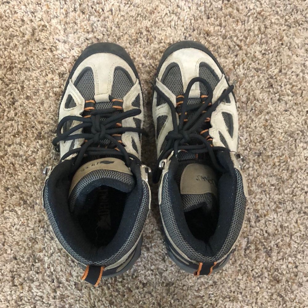 Brown, black, and orange hiking boots, size 7.5